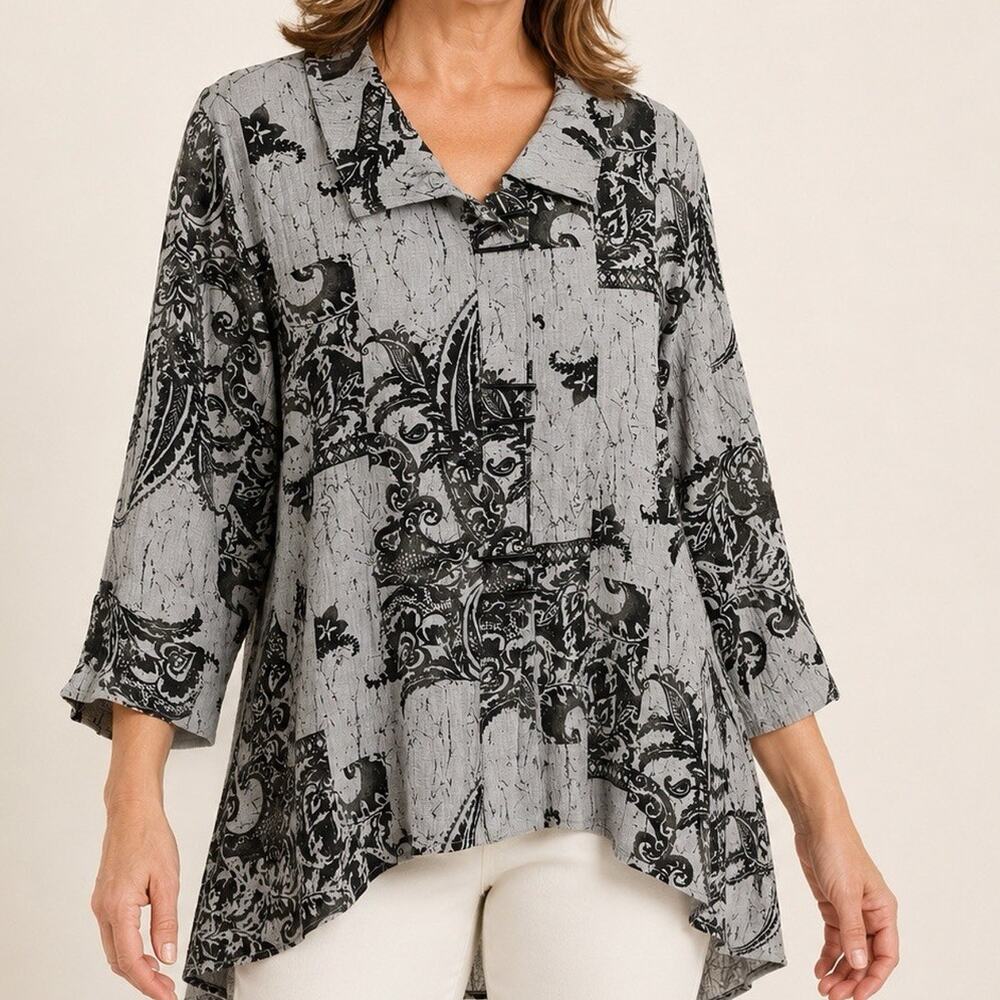 Habitat Clothes Button Tunic Top Large Gray Crinkle Pattern Artsy Boxy Lagenlook